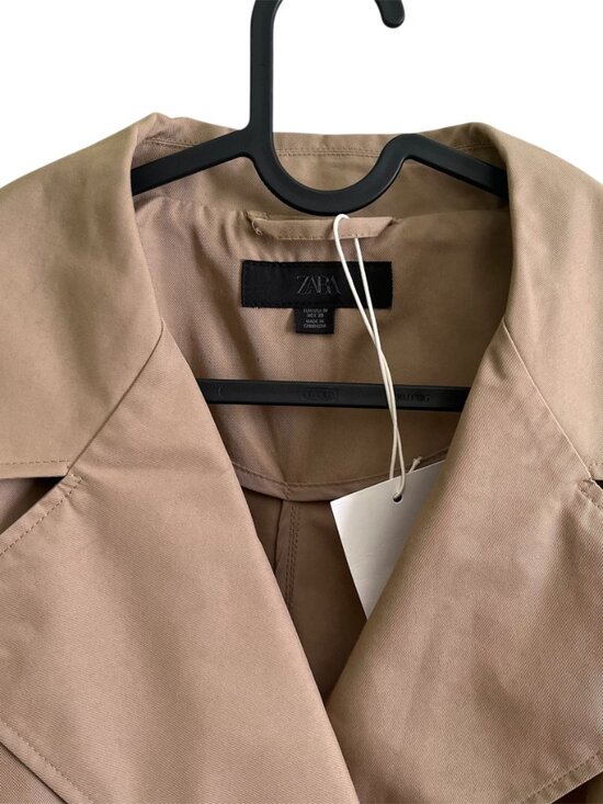 Zara Long Trench Coat Taupe Brown Size M Double Breasted Belted Sustainable NWT - Picture 4 of 11